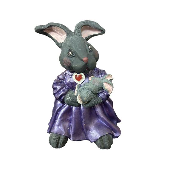 Bunny Rabbit Mom with Purple Dress Holding Bunny Figurine "4’ “Gray - Picture 1 of 5
